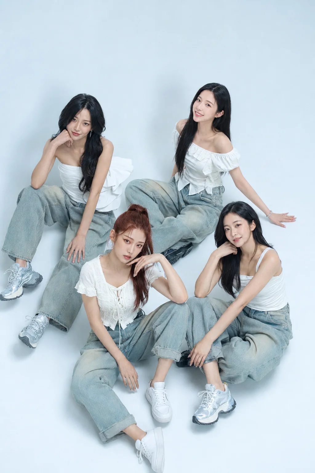 밝은 의상의 IV:ERA 네 멤버 단체 화보
